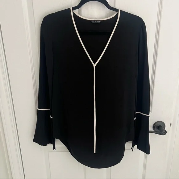 St. John Black Blouse with Creamy White Piping and Bell slit Sleeve Size Small - Picture 2 of 12